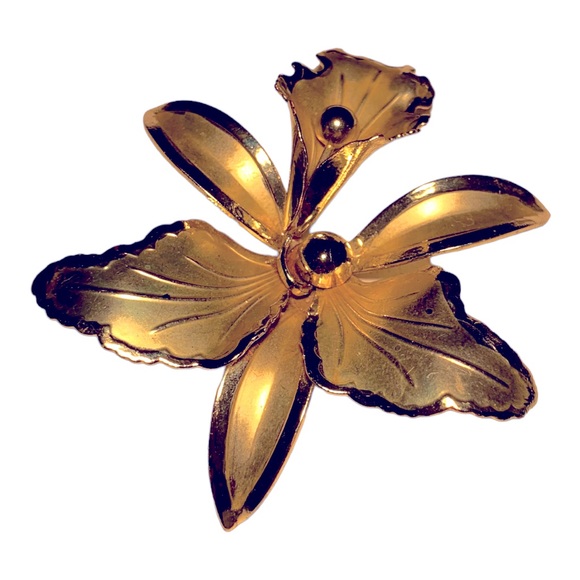 Vintage Orchid in Bloom Floral Jewelry Brooch Pin Light Gold Tone - Picture 4 of 5